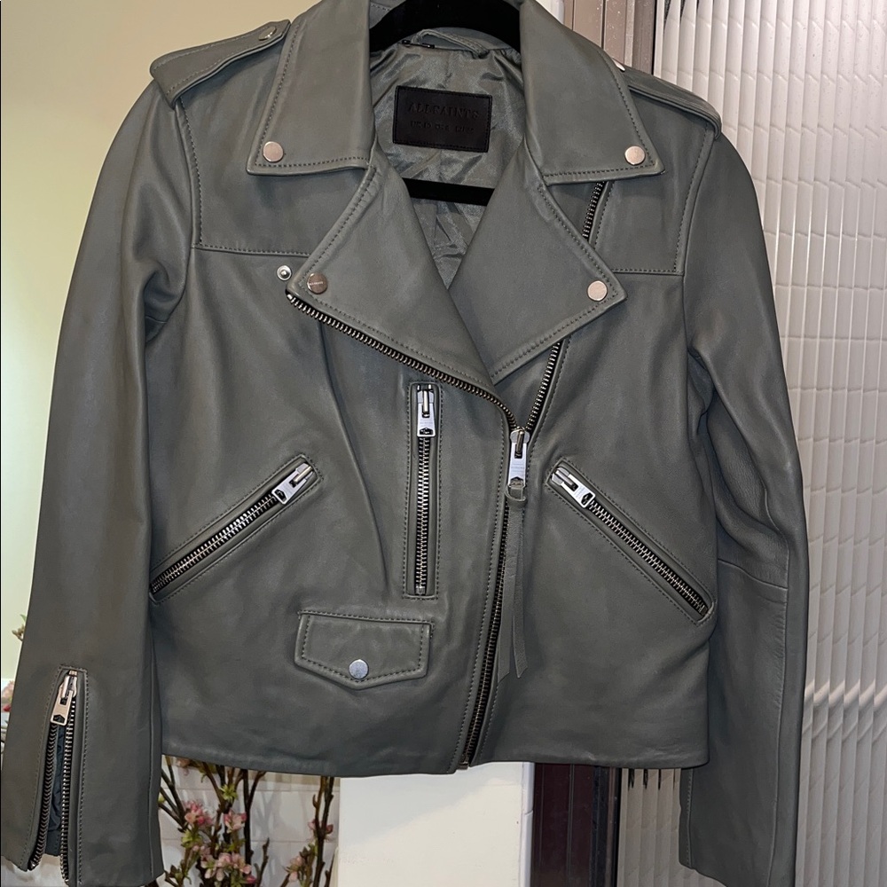 ALL SAINTS Darnley Slim Fit Biker olive/Sage green 100% Lamb Leather Jacket- 6 - Picture 10 of 16